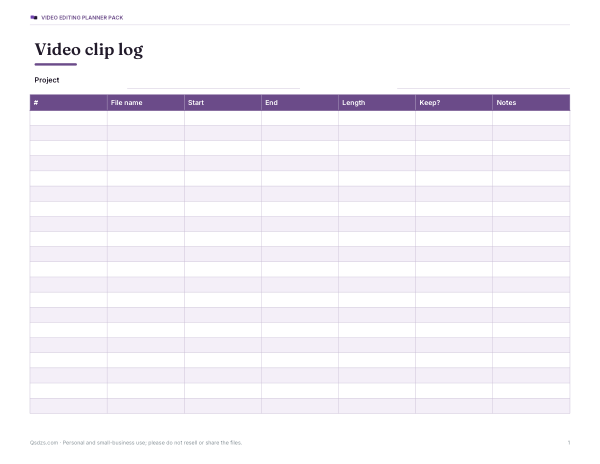 Preview of Printable Video Clip Log